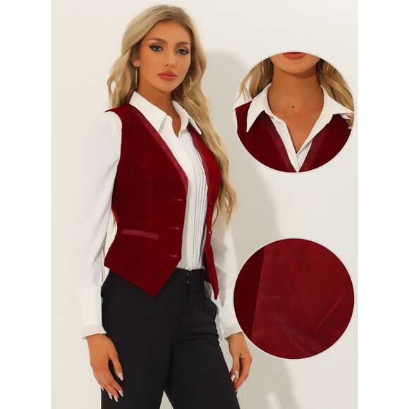 Velvet Suit Waistcoat Retro Sleeveless Steampunk Blazer Dressy Vest Burgundy - Picture 2 of 6